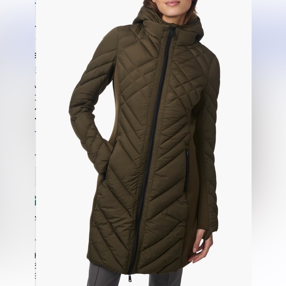 Bernardo Quilted Long Puffer Coat Khaki Green Hooded Lightweight Warm Jacket